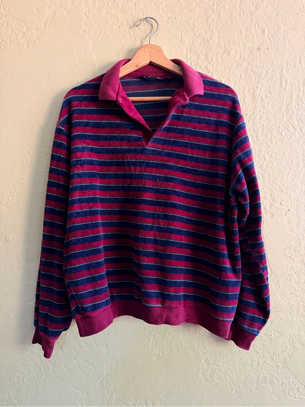 Vintage Chesterfield Men's Burgundy and Navy Striped Polo Sweater